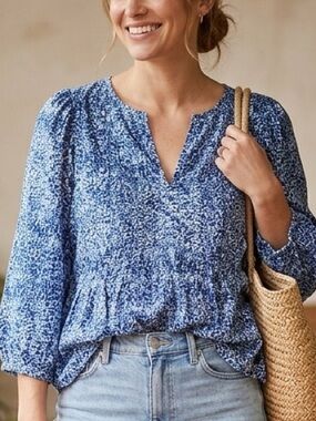 GAP Blue Abstract Pintuck Boho Peasant Cotton Blend Blouse Size M